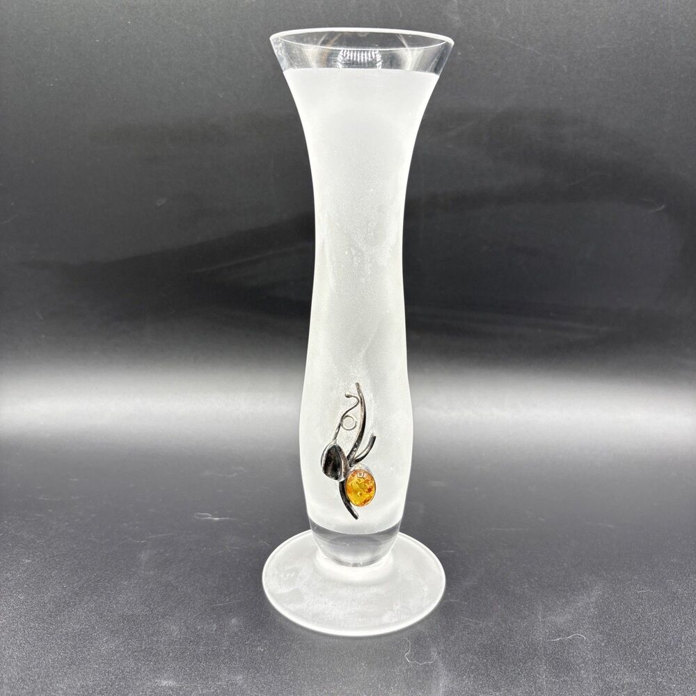 Frosted Glass Vase, Dukat Marian Wesiora Poland, Sterling Silver & Baltic Amber